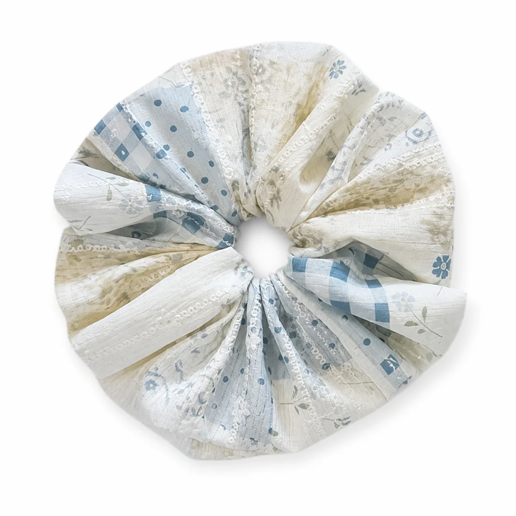 ivory-mist-blue-patchwork-eyelet-stripe-single-layer-scrunchie-oversized-handmade-hair-tie-for-women