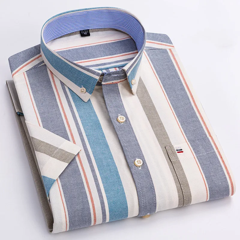 2023 Sommer neue Herren Kurzarm Vierkant Hals Plaid Streifen alle Baumwolle Oxford Textil Business Casual Single Pocket Shirt s ~ 7xl