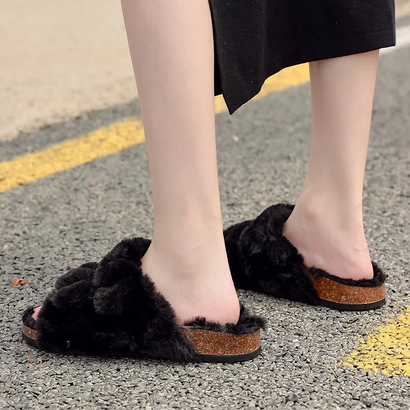 Goosecret Women Fur Fuzzy Slippers Fashion Cork Footbed Fluffy Sandals Open Toe Indoor House Short Plush Shoes With Arch Support