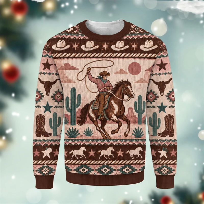 Western Cowboy Skull Sweatshirt Unisex 3D Print Vintage Fashion Crewneck Long Sleeve Casual Pullover Autumn Winter Y2k Men Tops