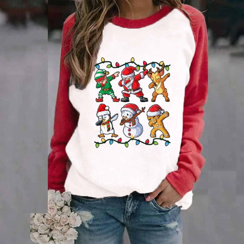 Europese en Amerikaanse stijl Raglan Pullover Fleece Sweatshirt voor dames Kerstthema Casual bedrukt ontwerp