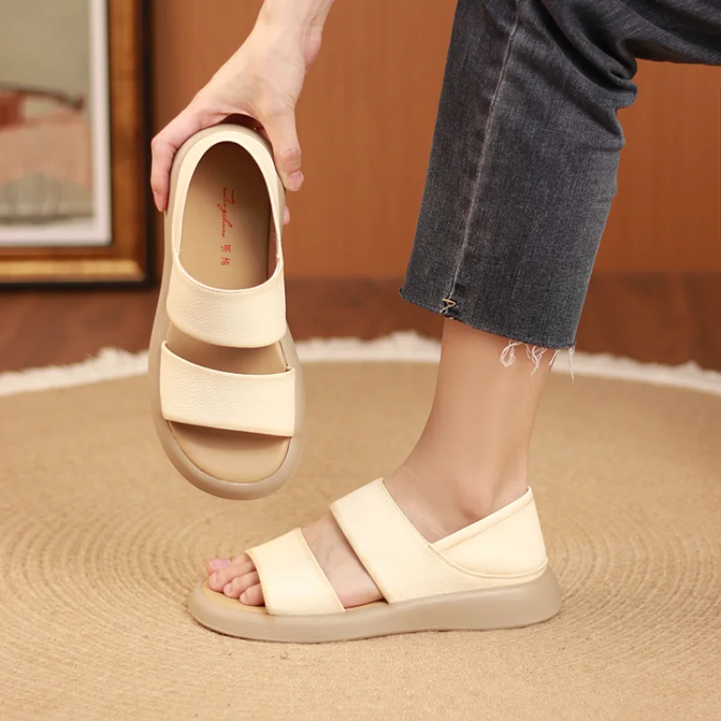 New Thick Sole Sandals for Women 2023Summer New Fashion Solid Slip on Women's Shoes Casual Pu Leather Beige black Sandales Femme