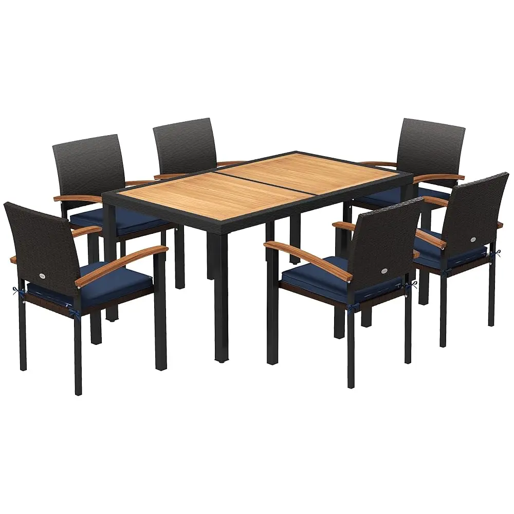 

7 Pieces Patio Dining Set With Space-Saving Design, Wicker Patio Furniture Set Outdoor Dining Set With Acacia Wood Table Top,