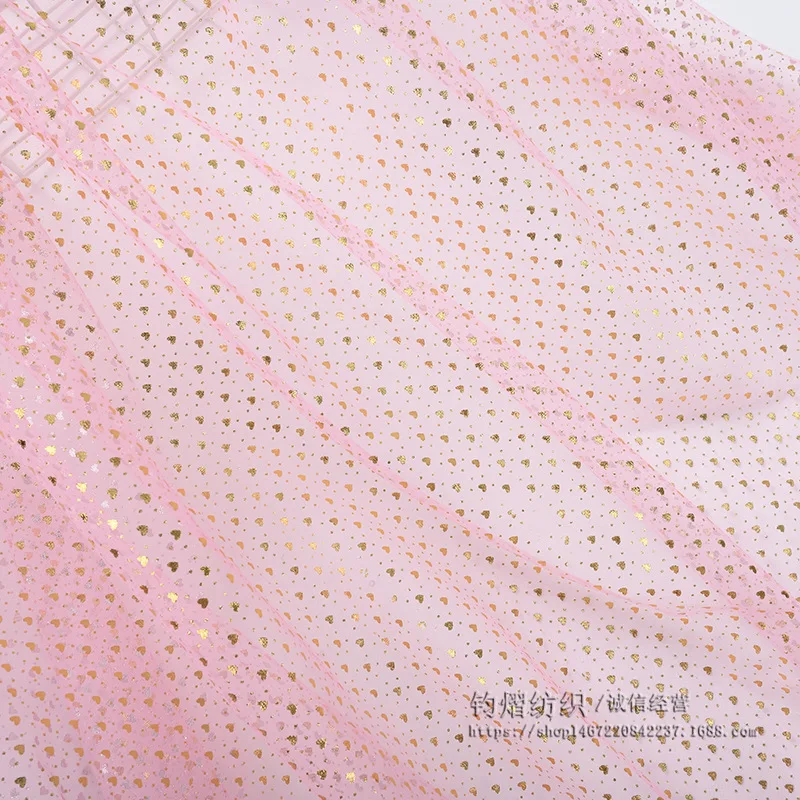 1Meter Gold Bronzing Heart Tulle Organza Mesh Fabric DIY Handmade Girl Princess Doll Skirt Headband Garment Sewing Material