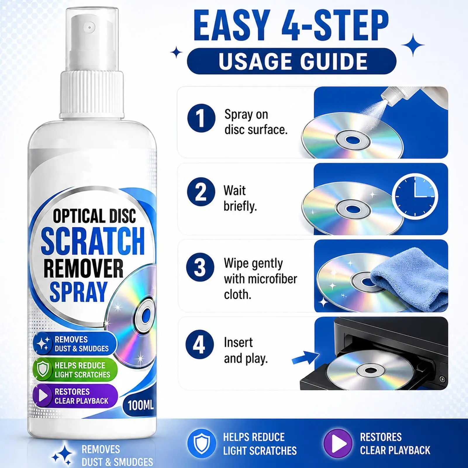 Disc Scratch Remover with Towel 100ML Universal Restorer Solution Game Disc Scratch Remover Spray for Home Studio Library Store