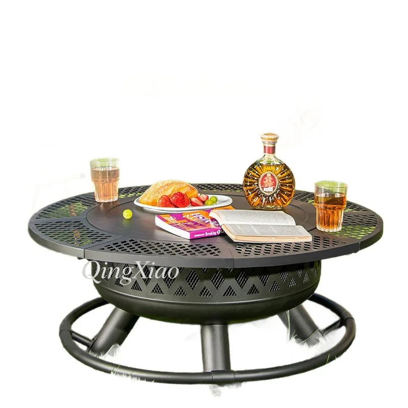 Round Outdoor Fire Pit Table Wood Burning Fire Pit for Backyard 3 in 1 Fire Bowl for BBQ Grilling for Garden Camping Gathering