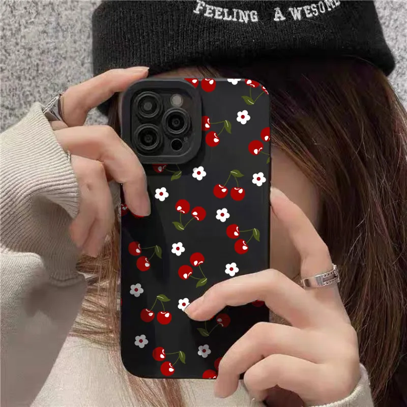 Casing Ponsel untuk iPhone 16 Pro Max 16E 15 14 13 12 11 7 8 Plus XS Max XR X Pola Bunga Daisy Ceri Penutup Silikon Lembut Fundas