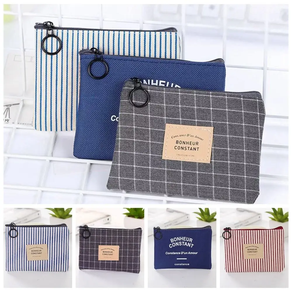 

with Key Ring Square Stripe Print Coin Purse Small Mini Canvas Letter Wallet Case Zipper Lipstick Storage Bag Travel