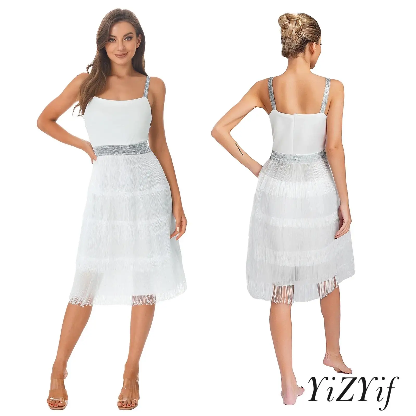 

‌Womens Trendy A-Line Mini Latin Dance Tassel Dresses Sleeveless Glitter Design for Cha-Cha Samba Dance Weddings Music Festivals