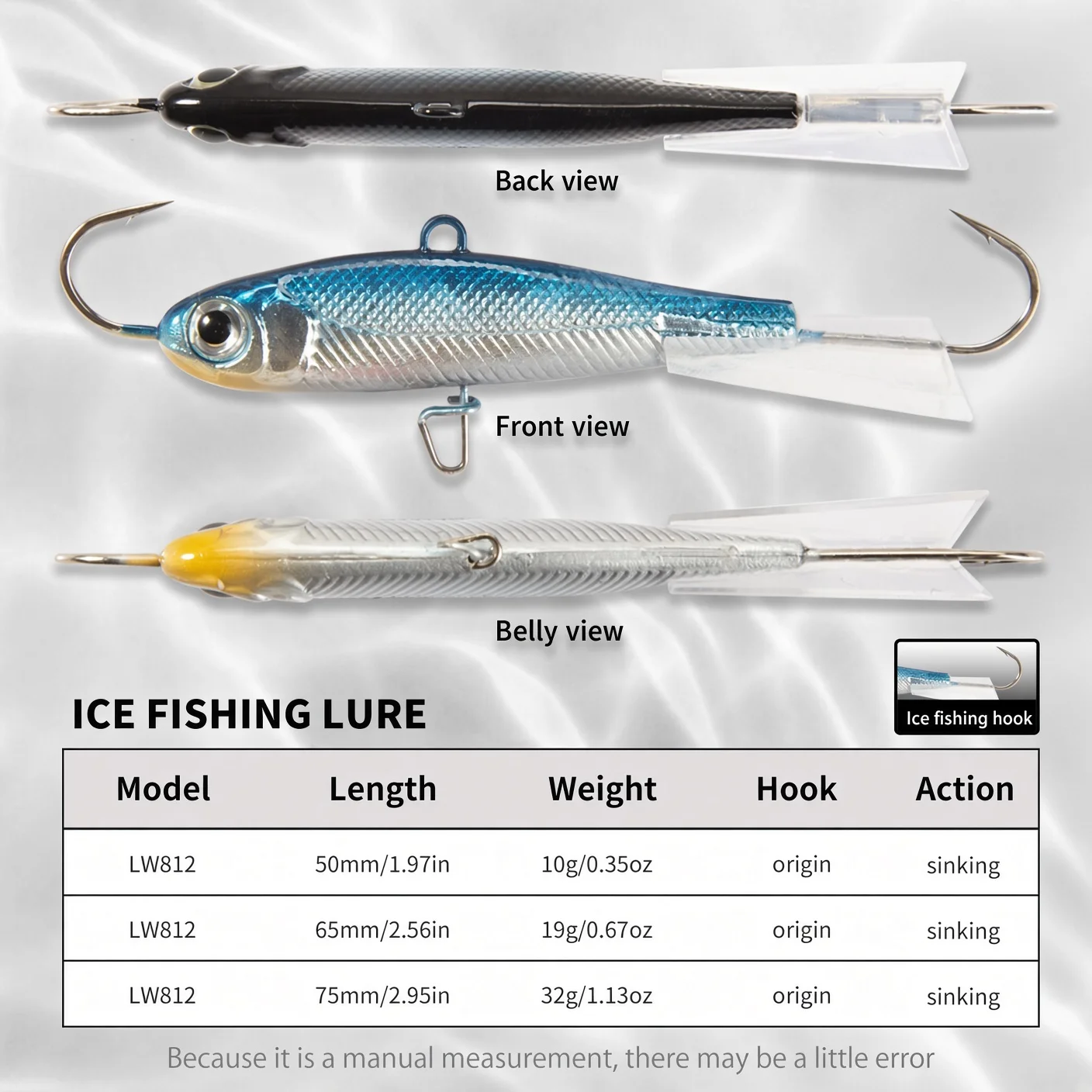 Hunthouse Winter Ice Fishing Lure 3PCS 50mm/10g 65mm/19g 75mm/32g Sinking Wobblers VIB Vibration Bait For Bass Pike Perch LW812