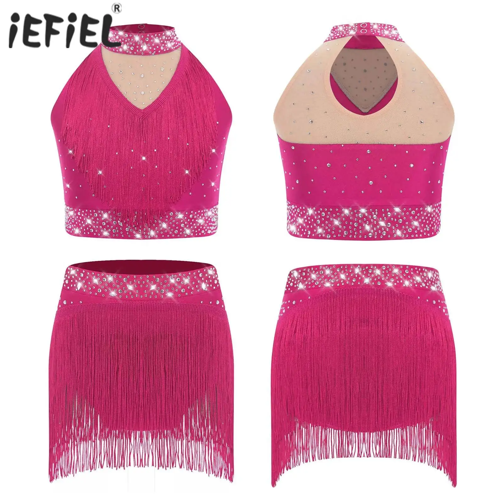 

Детские комплекты для латинских джазовых танцев для девочек, блестящие блестки, балетный лирический танцевальный наряд, бахрома с блестками, сценическая одежда для лирического танца