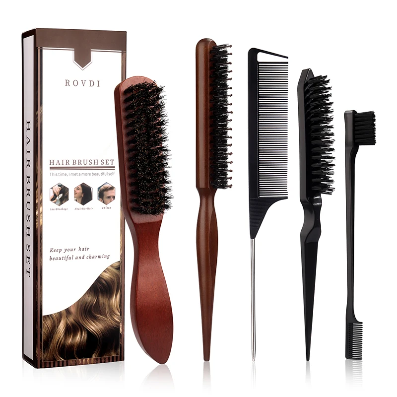 5Pcs Wooden Boar Bristle Hair Brush Set, Unisex Styling Kit for Slick Back Teasing Detangling, For Curly Wavy Normal Hair