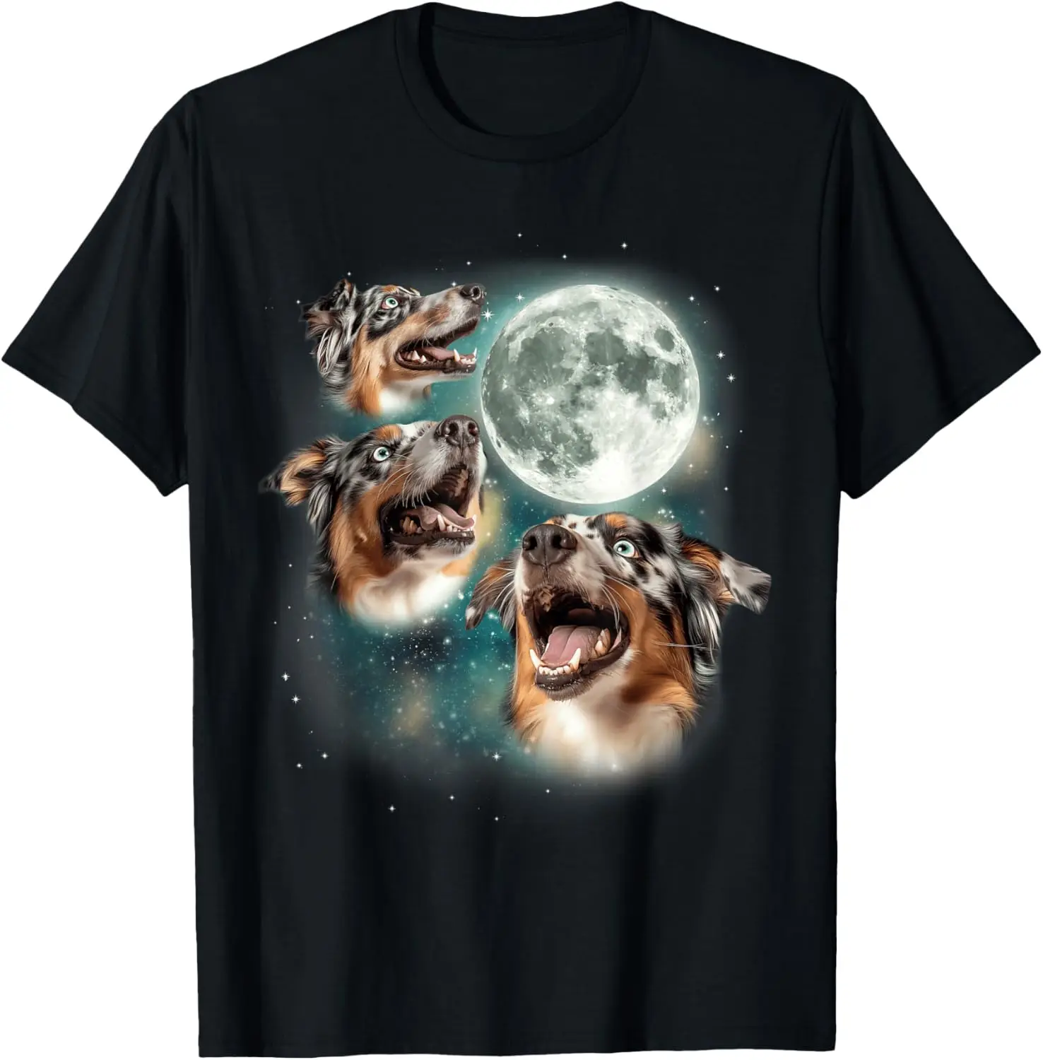 Three Australian Shepherds Howling Moon Graphic T-Shirt Cotton Casual Trip Tee for Men