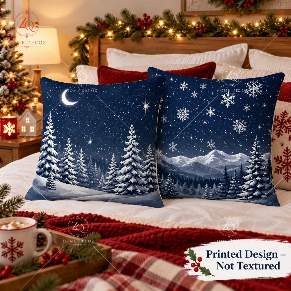 Night Sky Moon Cushion Cover 2D Flat Printed Peach Skin Snowflake Pillowcase Christmas Winter Farmhouse Couch Bed Home Decor