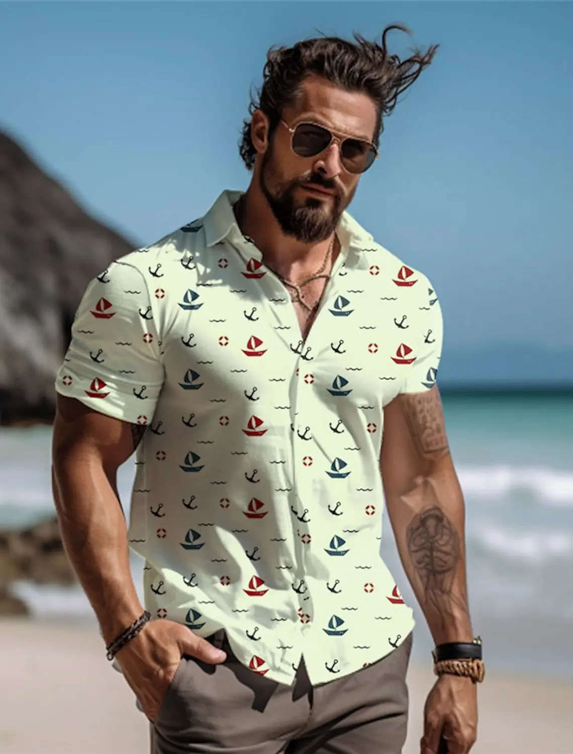 Sailboat Men's Resort Hawaiian 3D Printed Shirt Button Up Short Sleeve Summer Beach Shirt Vacation Daily Wear S TO 5XL