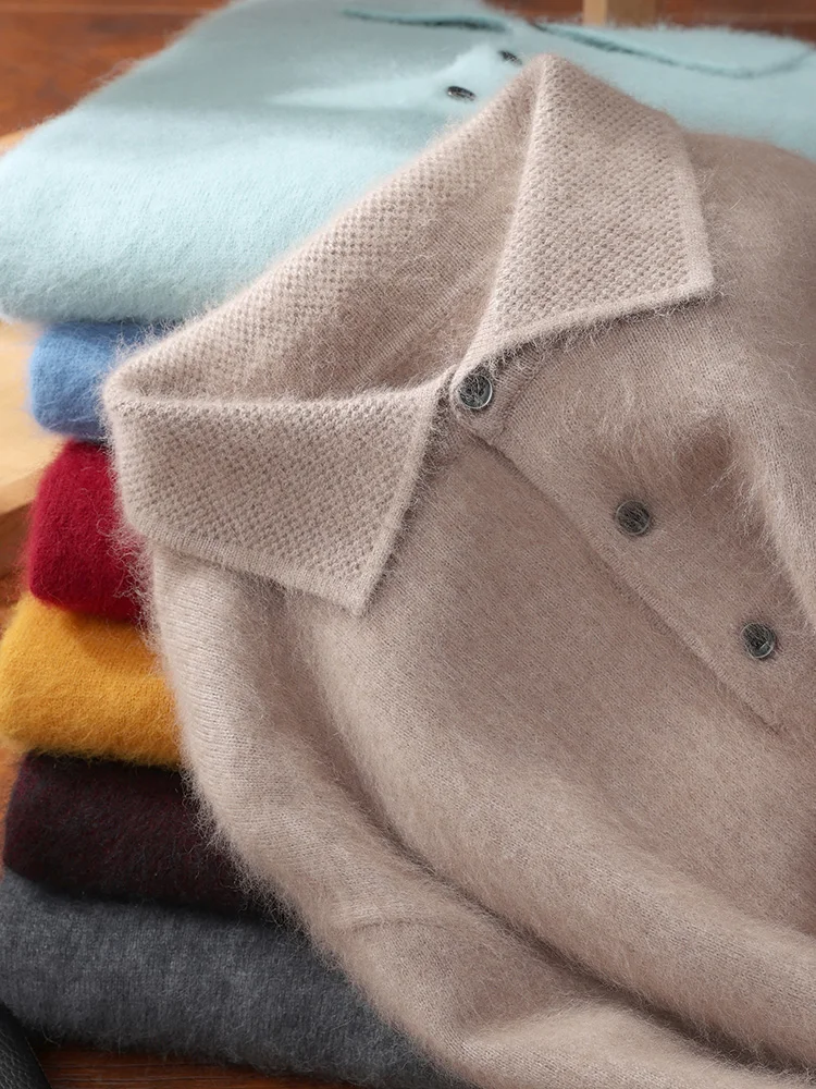 

Winter Mens Long Sleeve Button Knit Pullover Sweater Mink cashmere Casual Polo collar Pullover Autumn Classic Warm HeavyWeight