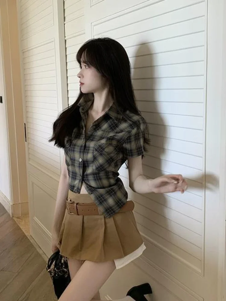 ADAgirl Vintage Plaid Short Sleeve Shirt Women American Retro Button Up Cardigan Blouse Female 90s Summer Sexy Cargo Slim Tops