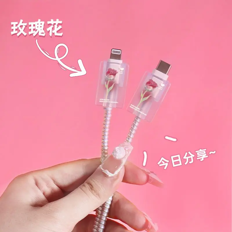 USB Cable Protection For iphone 18W 20W Fast Charger Protector Cover Fashion Gradient Flower Protective Data Line Spiral Winder