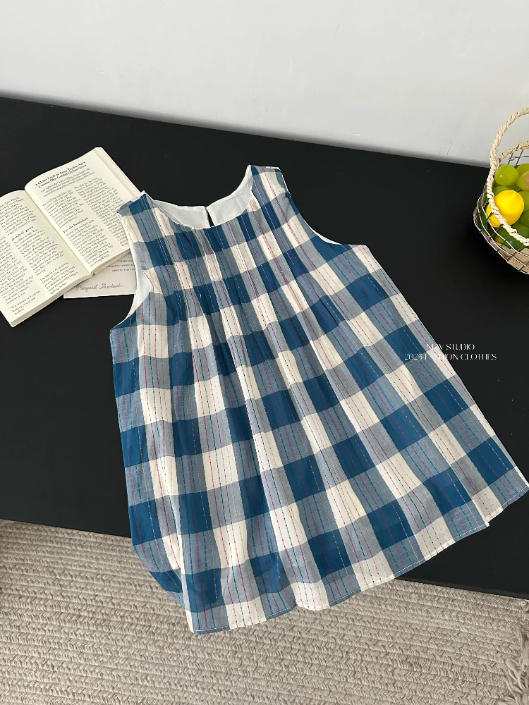 Fresh Elegant Casual 2 Piece Set Women Blue Plaid Sleeveless Cami Top + White Loose Wide Leg Pants Summer Sweet Fashion Outfit