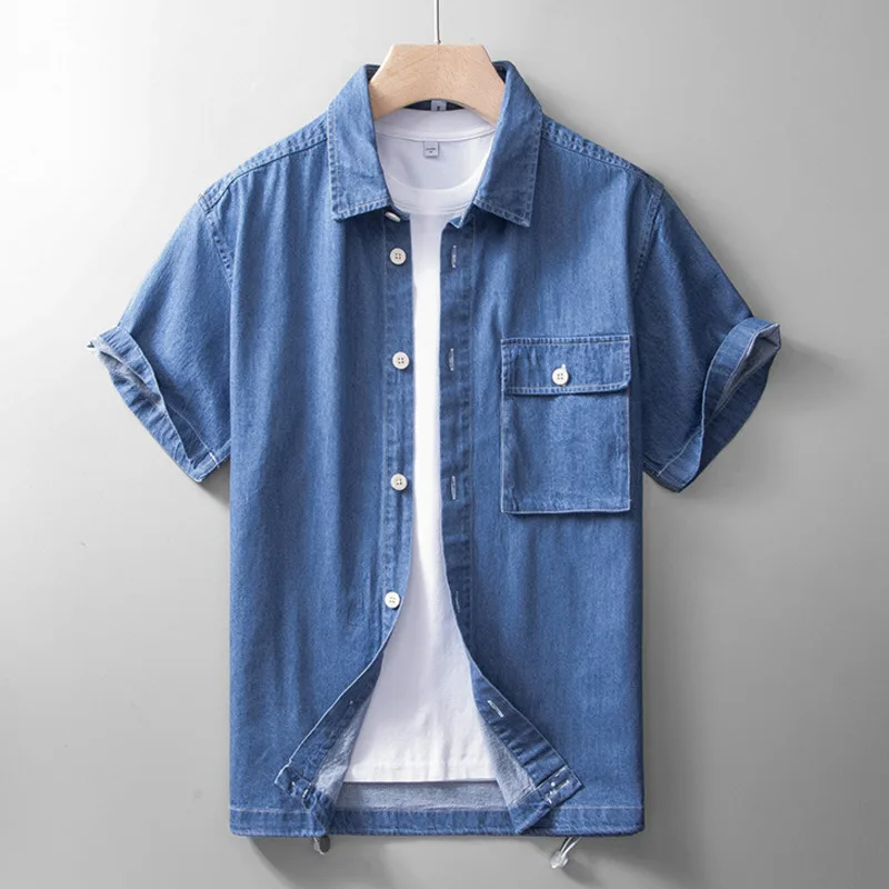 Japanese Retro Cargo Loose Fitting Denim Shirt For Men Summer Large Pocket Workwear Male Short Sleeve Shirts