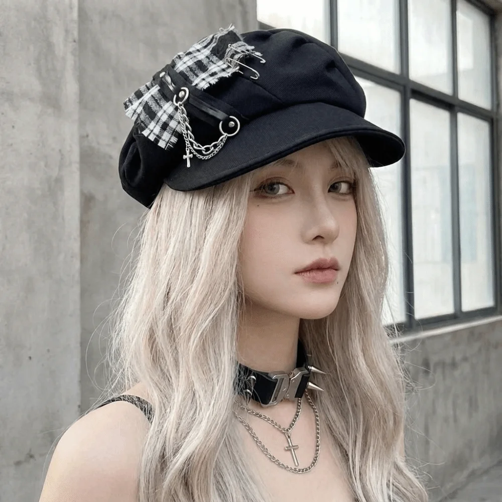 Casual Rabbit Ears Plaid Beret Hat Thin Brim Y2K Octagonal Hat Subculture Irregular Painter Artist Cap Women