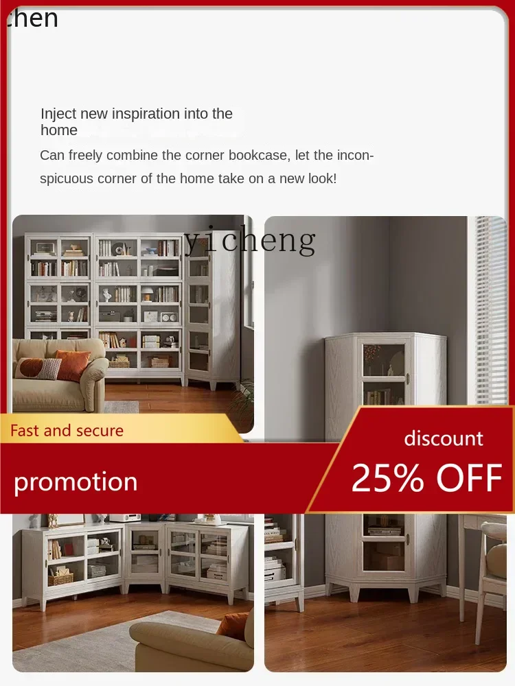 ZMLsolid wood corner bookcase floor-to-ceiling household triangular shelf with glass door corner cabinet