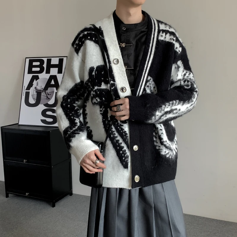 WVGA ربيع الخريف جديد الرجال المد المتضخم ياماموتو نمط محبوك البلوزات المتخصصة شيك سترة غير رسمية الخامس الرقبة معاطف Ins Y2K W16238 #3