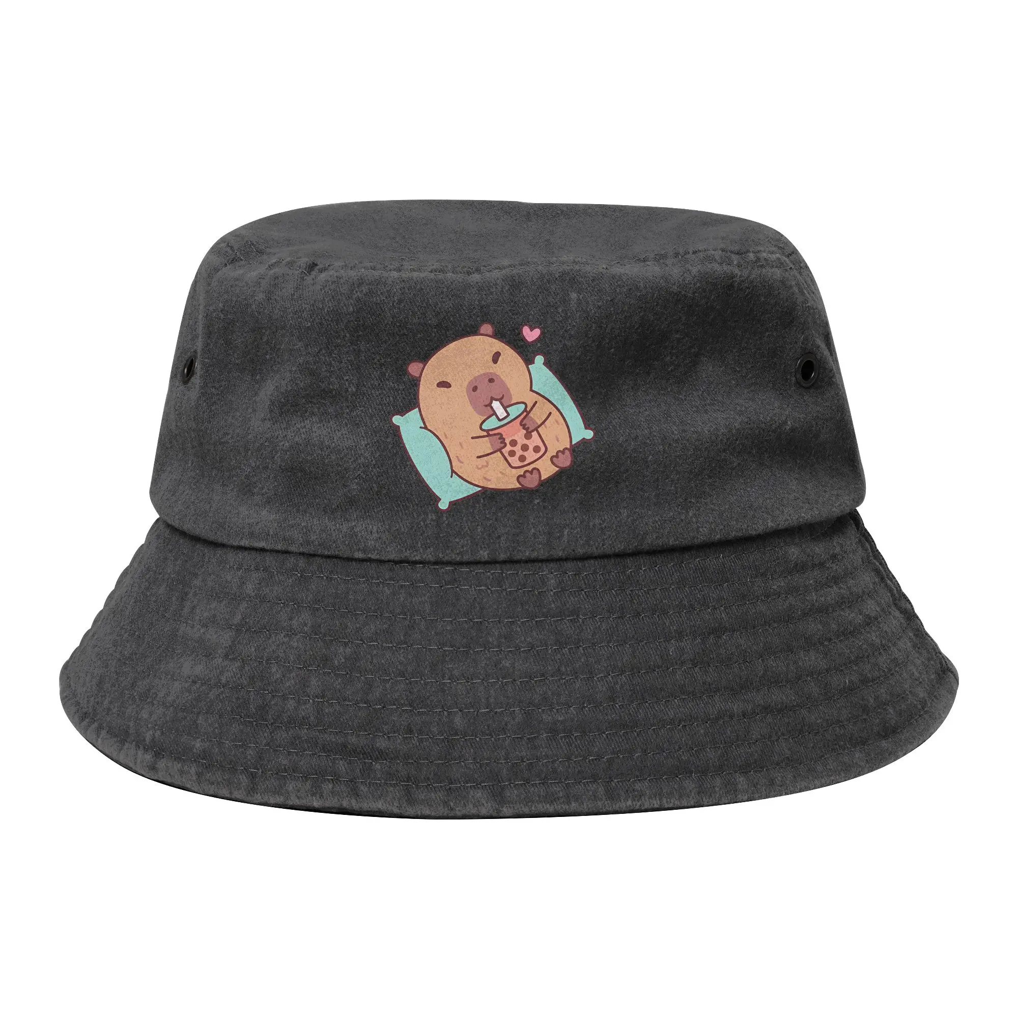 Cute Capybara Chilling And Drinking Bubble Tea Bucket Hat for Teen Distressed Cotton Field Hat for Outdoor Fishing Cap Bob Hat
