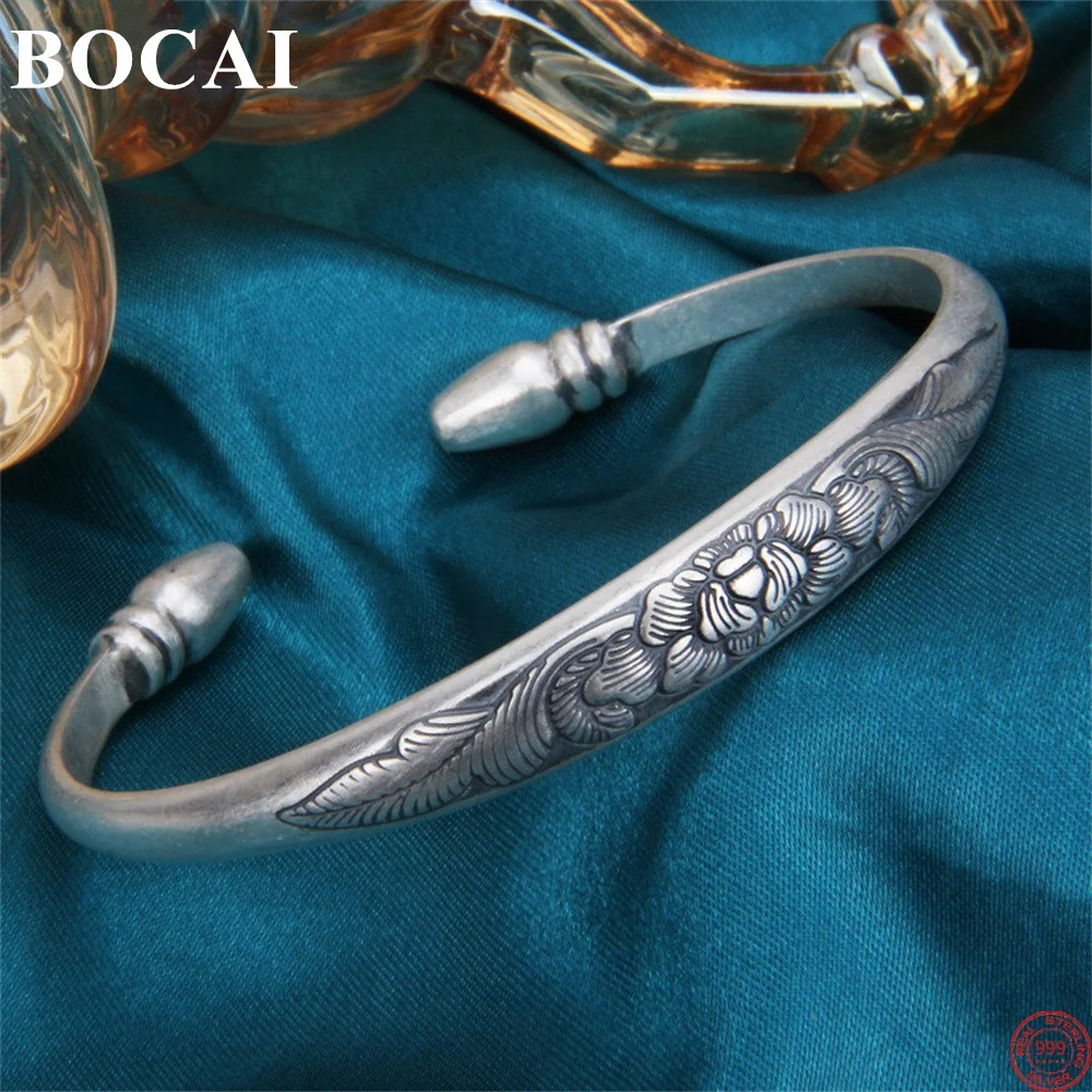 

BOCAI S999 Sterling Silver Charm Bracelet for Mother 2022 Popular Peony Rich Bangle Pure Argentum Amulet Jewelry Lover's Gift