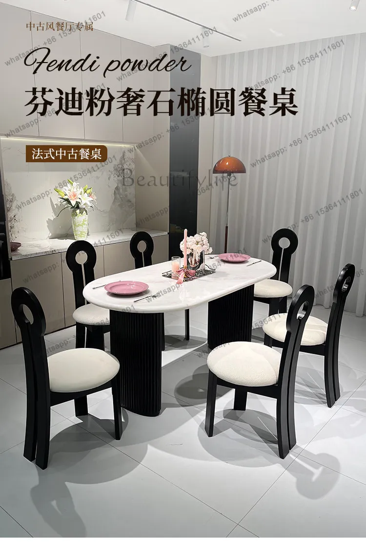 French medieval pink luxury stone dining table natural marble small apartment ash wood dining table