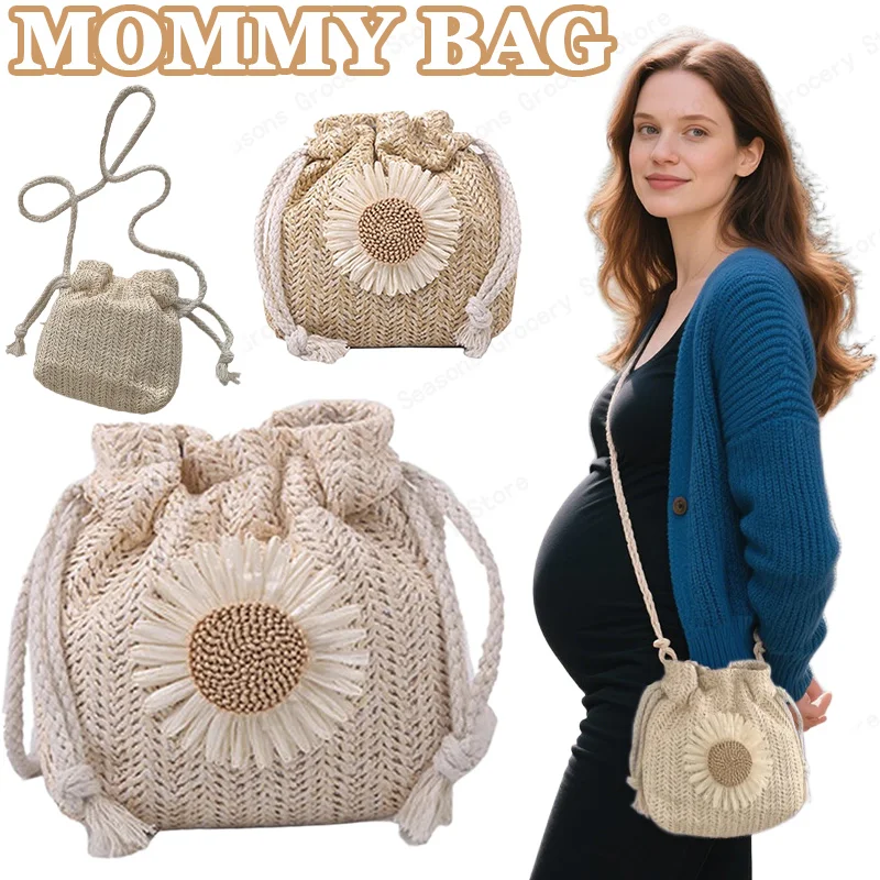

Summer Beach Straw Mummy Bag for Women Classic Sunflower Texture Woven Crossbody Mini Baby Carrier Bag Ideal for Mommy