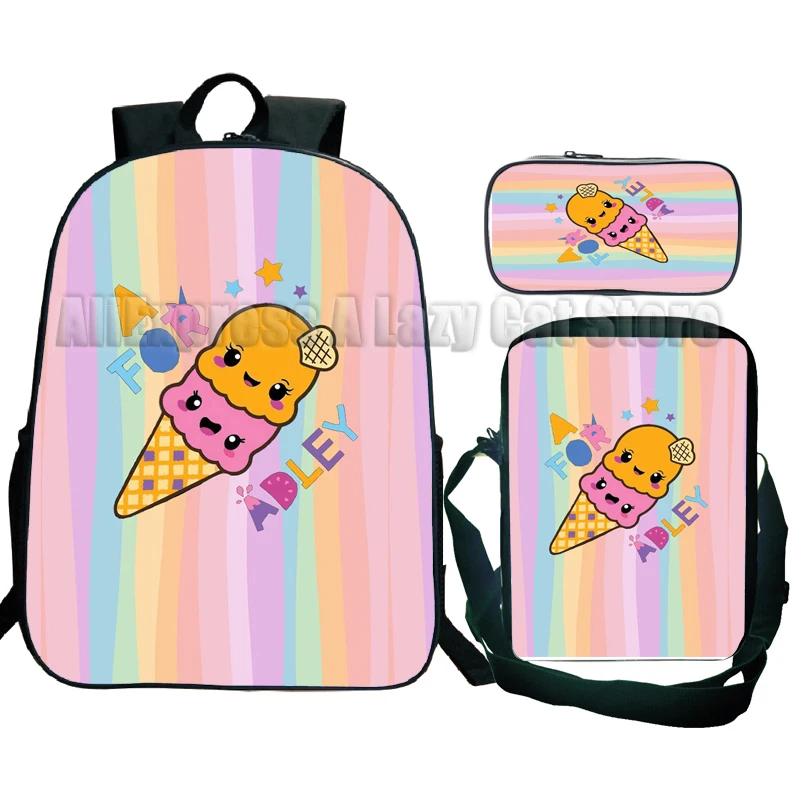 A for Adley Secondary School Bags Rainbow Unicorn Ice Cream 3pcs Children's Primary Backpacks with Pen Case Small Shoulder Bags