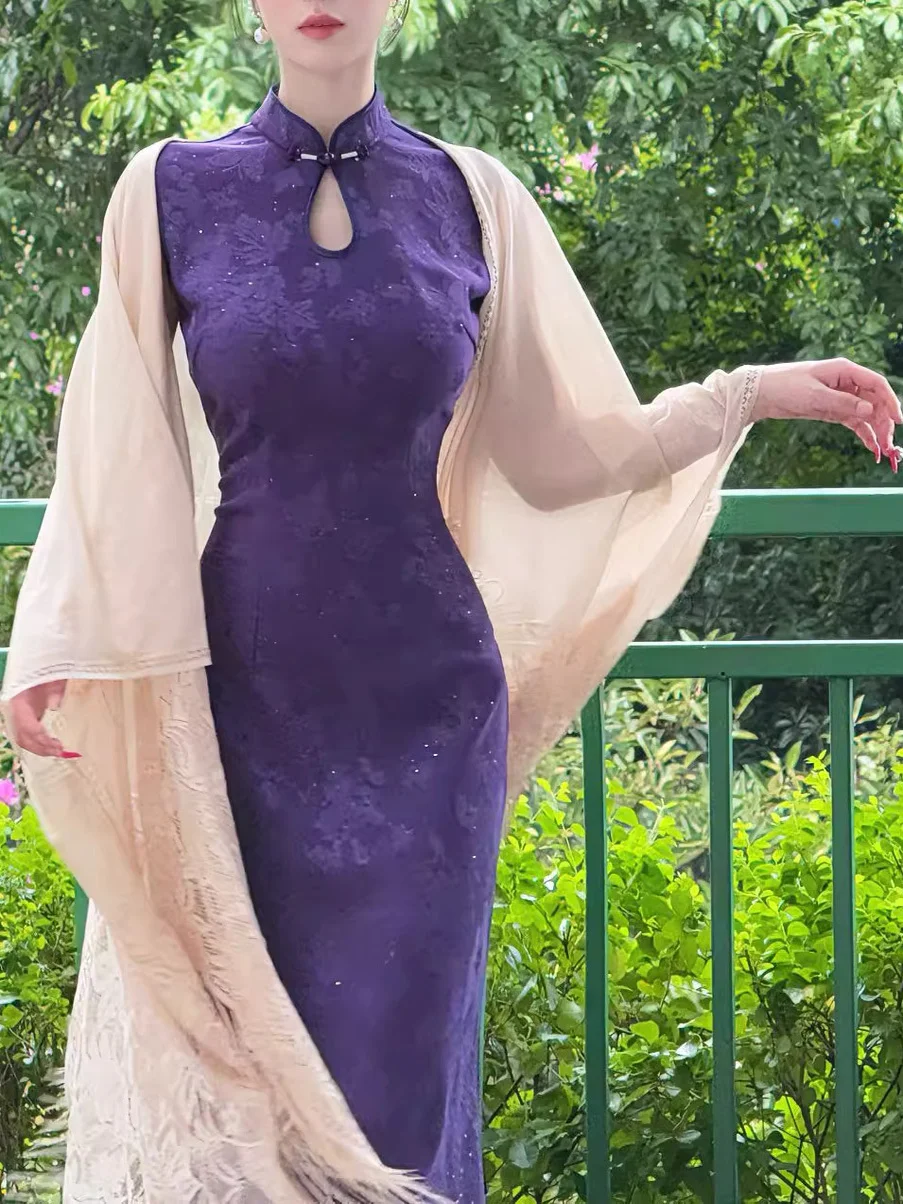 

New Chinese Sle Long Knitted Dr with Embroidery V-Ne Midi Skirt Purple Mountain Design Warm Autumn Wear