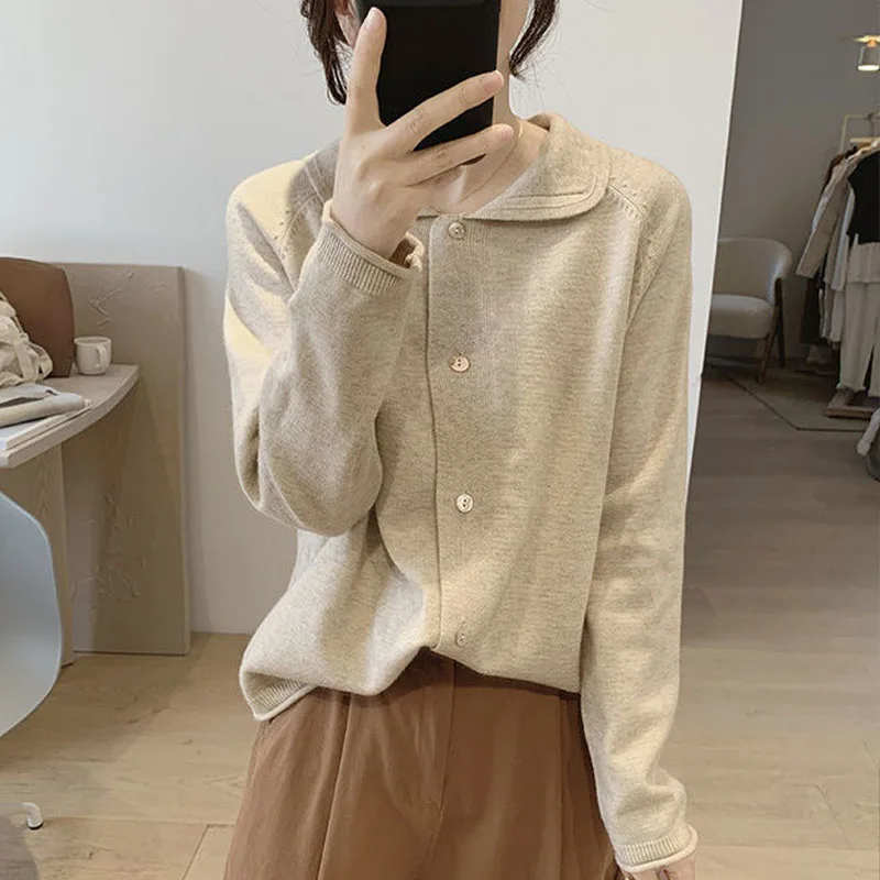 Solid Peter pan collar Button Cardigan Sweaters Young Style Casual Fashion Cute Autumn Winter Thin Loose Women's Clothing 2022