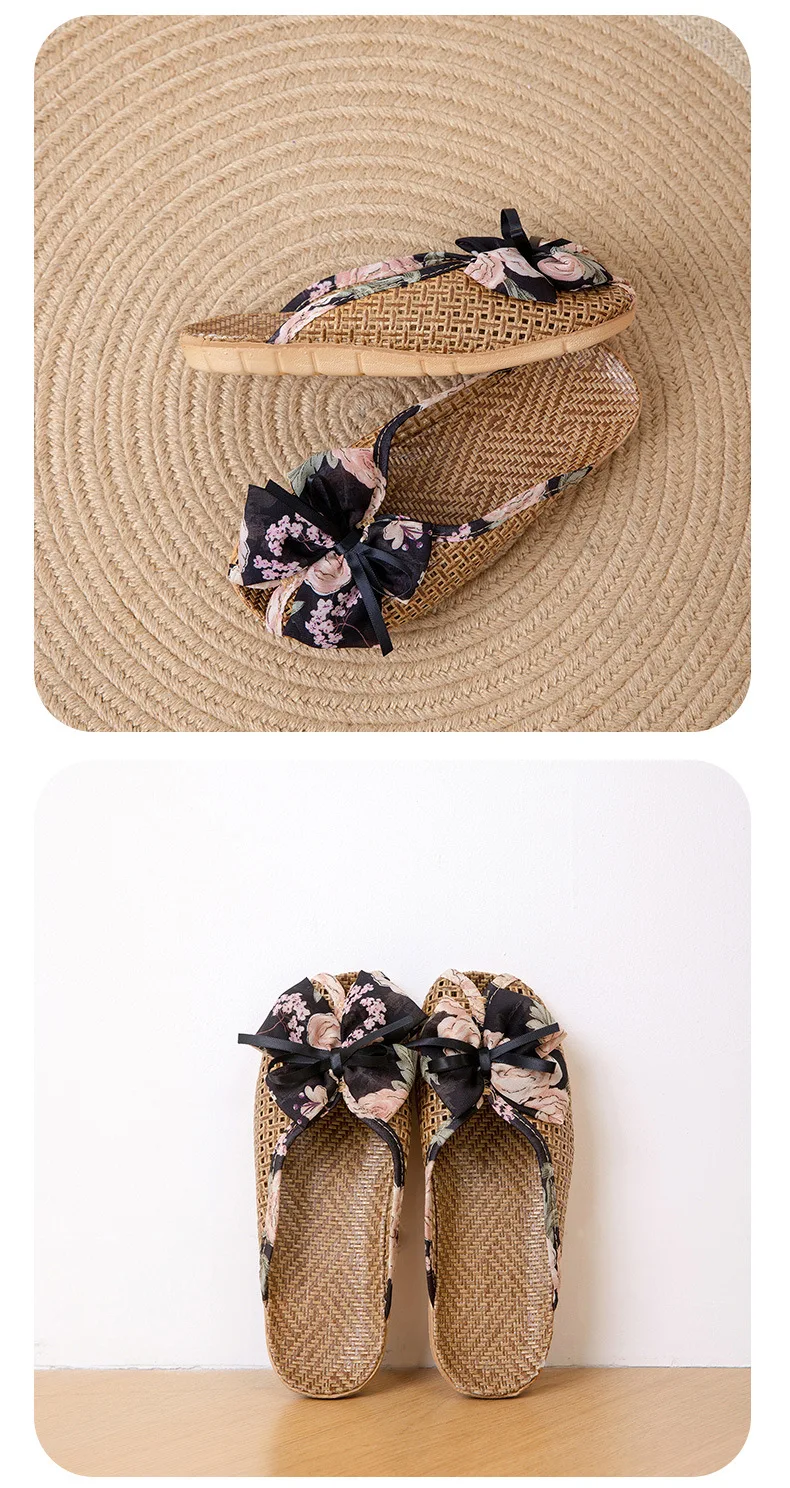 Rattan-Hausschuhe mit Fliege – niedliche Hausschuhe im koreanischen Stil, rutschfeste, atmungsaktive Innensandalen mit weicher Sohle für den Sommer – Detail 16
