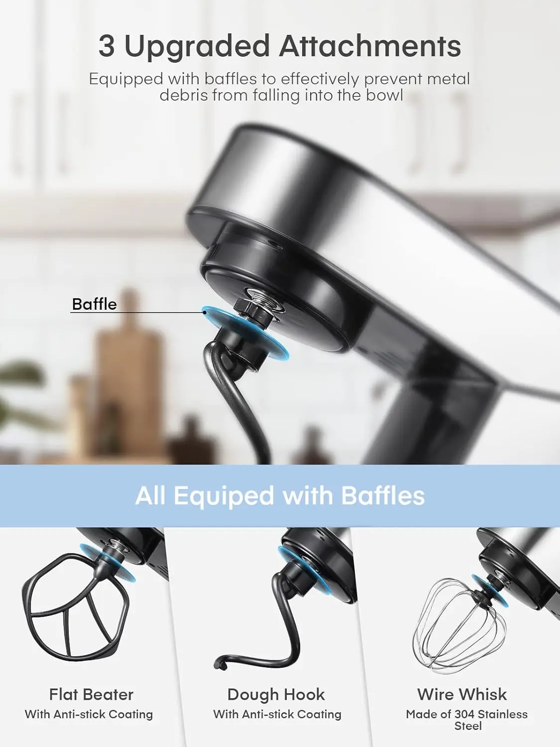 خلاط بحامل من الفولاذ المقاوم للصدأ مع خطاف عجين ، مضرب قابل للإمالة ، سوط سلكي ، آمن لغسالة الصحون ، سرعتان 6 + P ،