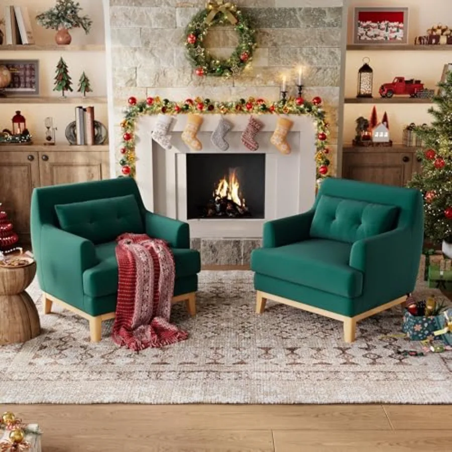 

Large Accent Chair of, Velvet Reading Chair with Rubberwood Base, Armchair with Lumbar Pillow, Cozy Single Sofa Chair for Readi
