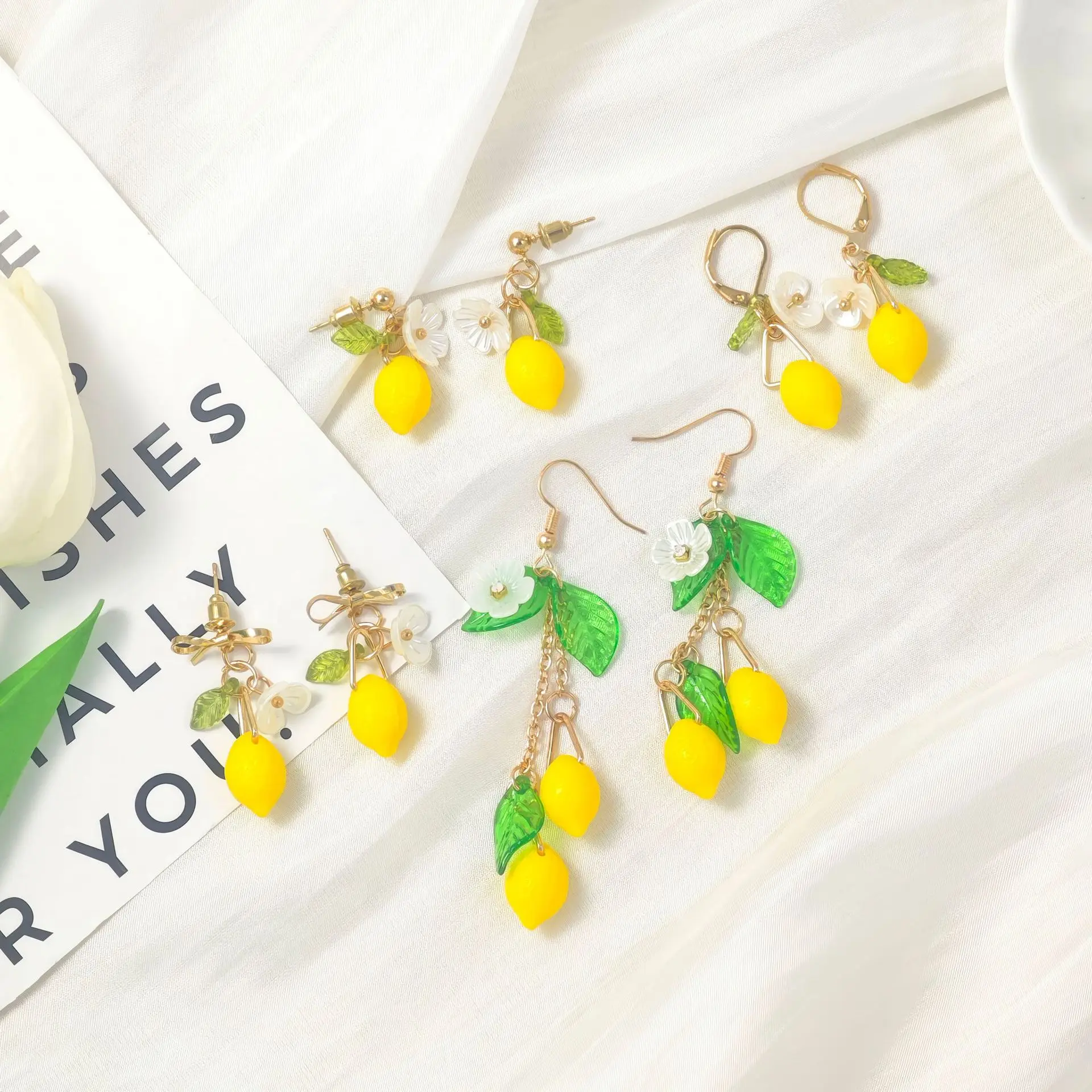 Czech glass lemon earring Light weight fruit food earrings can love Kawaii earrings Pastoral earrings for her birthday present
