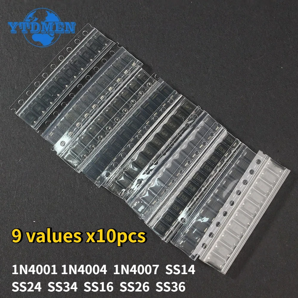 90pcs SMD Diode Kit 1N4007 1N4001 1N4004 SS14 SS16 SS24 SS26 SS34 SS36 9 Values X10pcs Rectifier Diodes Schottky