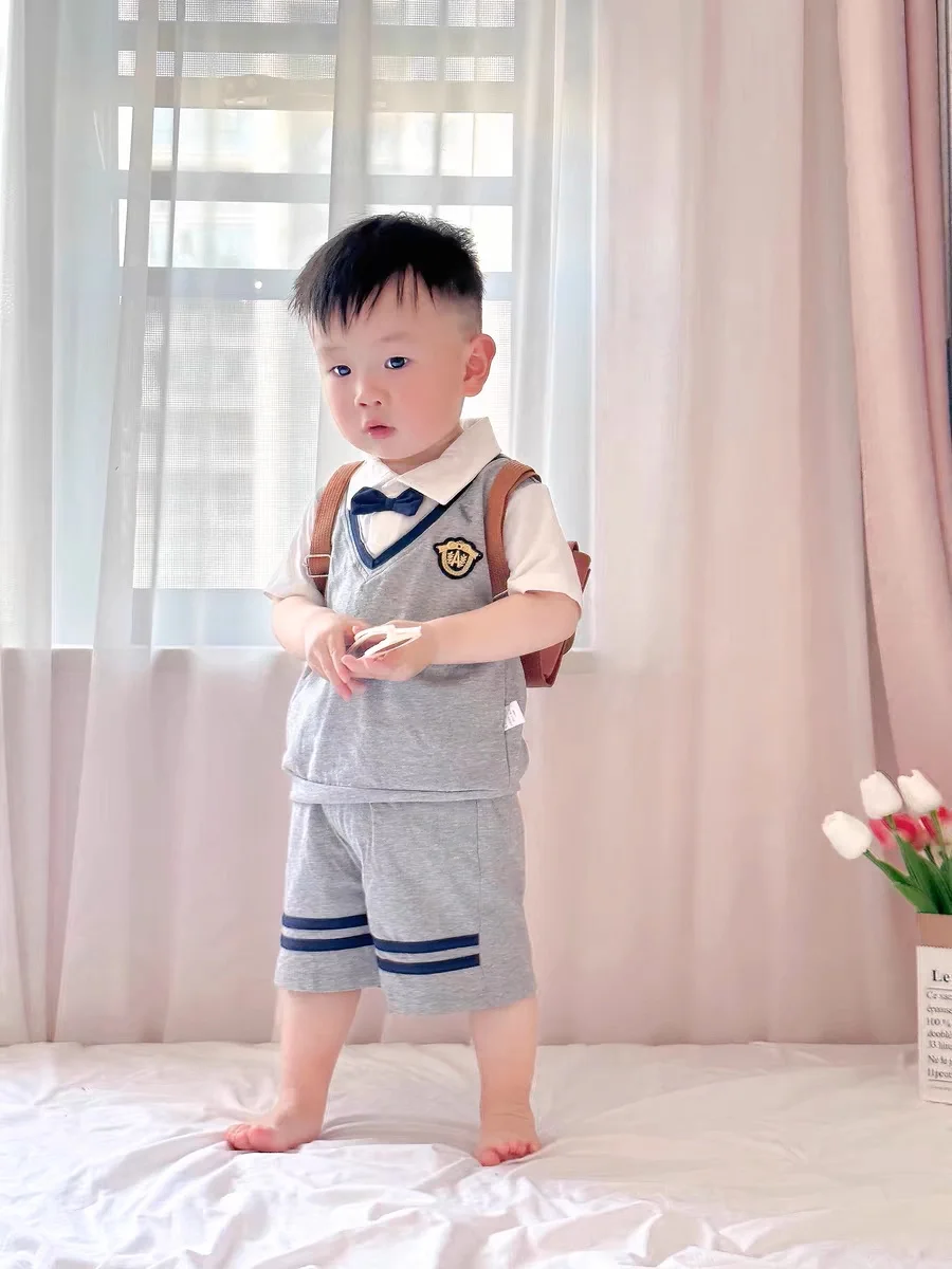 

2024 Summer Gentleman Outfit Baby Toddler Vest Suit 1-6 Years Kid Short Sleeve Birthday Party Boutique Clothing Set Soft Cotton
