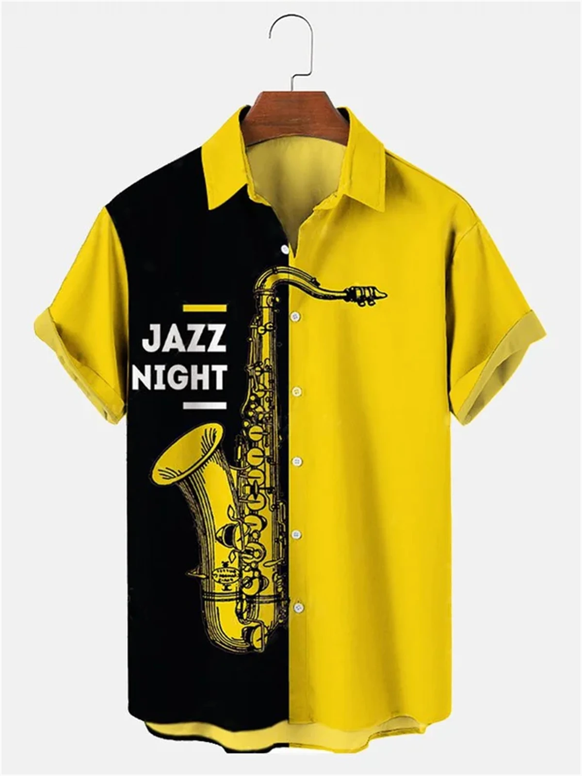 Hawaiian Print Men's Short Sleeve Shirt Saxophone Print Men's Lapel Top 2024 New Large Size Casual Men's Shirt