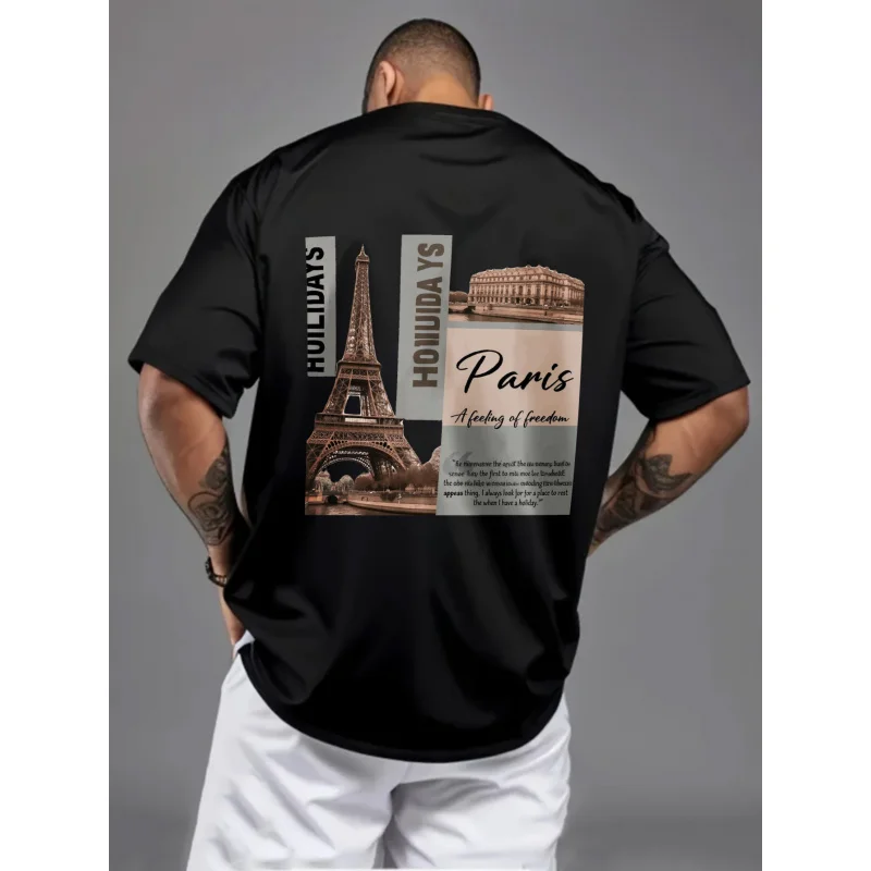 

Мужская черная футболка Париж Эйфелева башня и Колизей с принтом текста HOLIDAYS Paris Чувство свободы Высококачественный хлопок