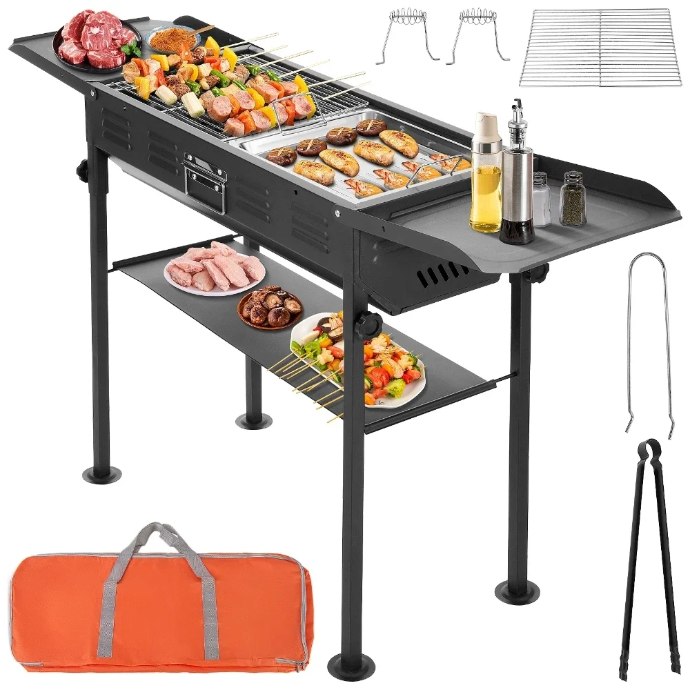 120x30x65cm Portable BBQ Grill Folding Charcoal Grill Household Garden Backyard Camping Barbecue Grill Stainless steel Black