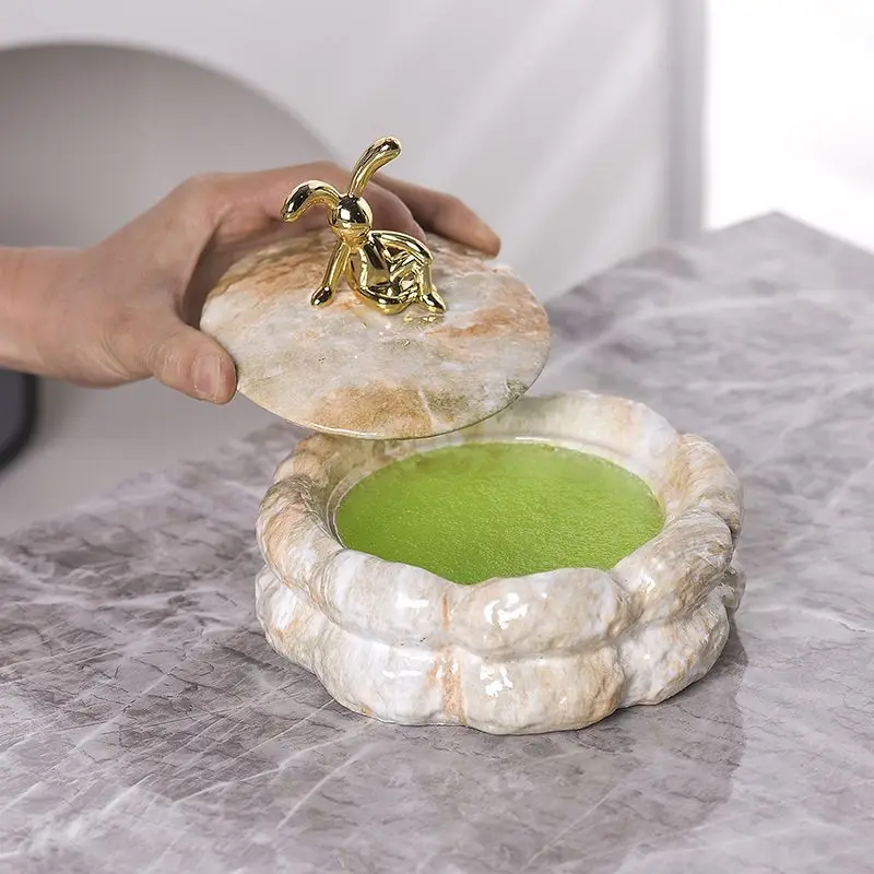 Creative Cement Rabbit Ashtray with Lid Imitation Marble Storage Jar Room Flower Shape Ashtray Household Candy Nut Storage Jar