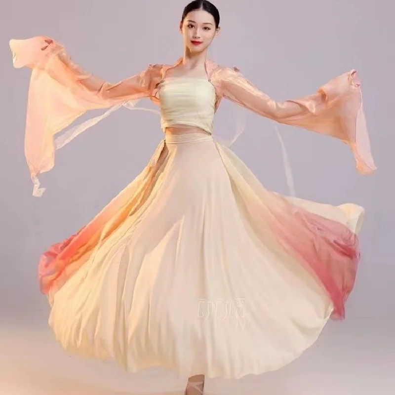 Chinese style folk dance classical dancer performance costumes elegant cardigan practice clothes body rhyme long outer gauze