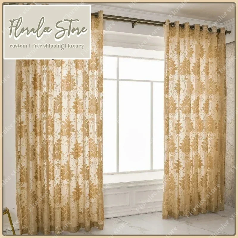 

European Luxury Brown White Tulle Grey Embroidered Sheer Curtains For Living Room Bedroom Dining Window Thicken Custom Size
