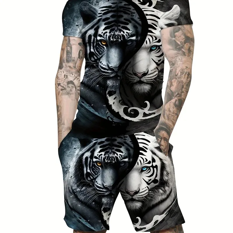 New Men's Plus Size Sportswear 3D Tiger Pattern Breathable Shorts Casual Y2K Style Cutting 2025 Summer Set