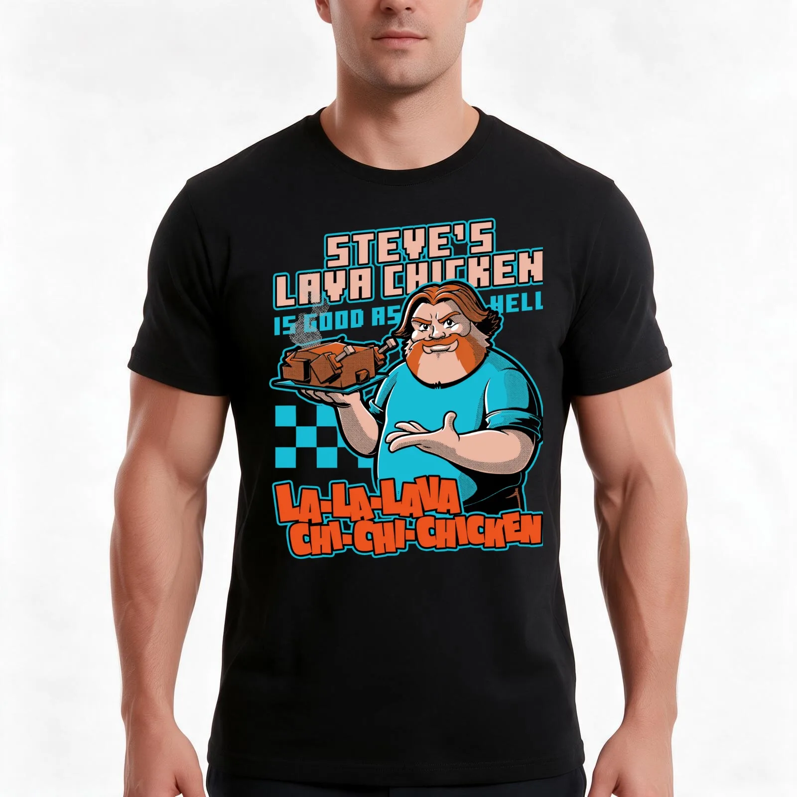 Steve's Lava Chicken T-Shirt, Summer Casual Cotton Tee, Oversized Streetwear Tops, Vintage Graphic Print, Loose Fit Short Sleeve