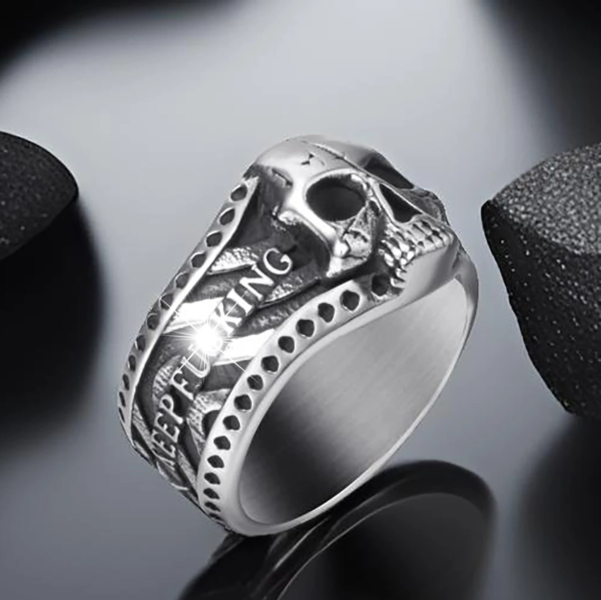 Vintage Gothic Skull Rings for Men Keep Going Stainless Steel Band Silver Color Skeleton Cocktail Party Biker Jewelry Size 8-13