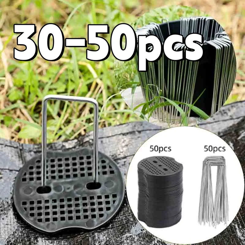 40PCS Garden Pegs U-shaped Ground Pegs Heavy Duty Metal Pins Spikes Ground Staple with 30pcs Buffer Washers for Securing Weed